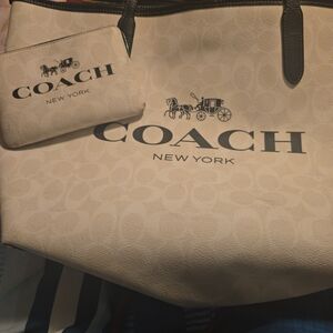 Coach Cream and Brown Tote Bag with Matching Pouch